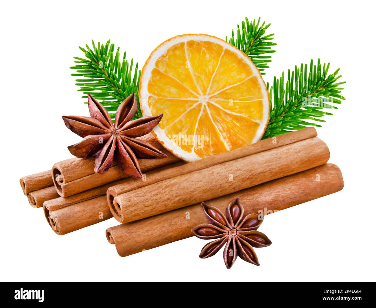 Cinnamon sticks and oranges with star anise isolated on white background Stock Photo