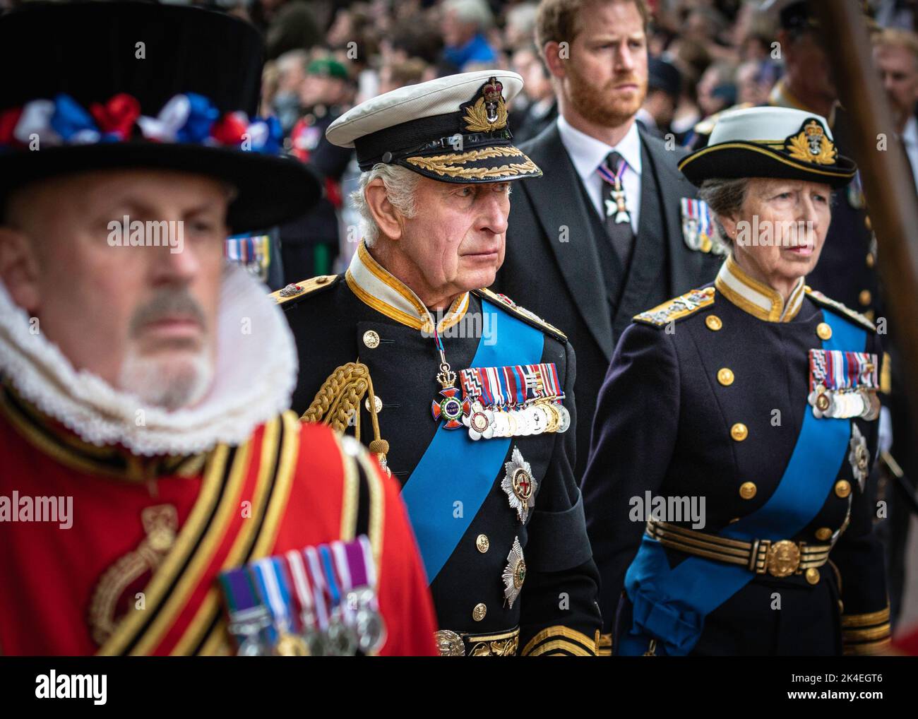 King Charles III and Anne, the Pricess Royal, Prince Harry at the Queen Elizabeth II funeral procession in London, England, United Kingdom Stock Photo