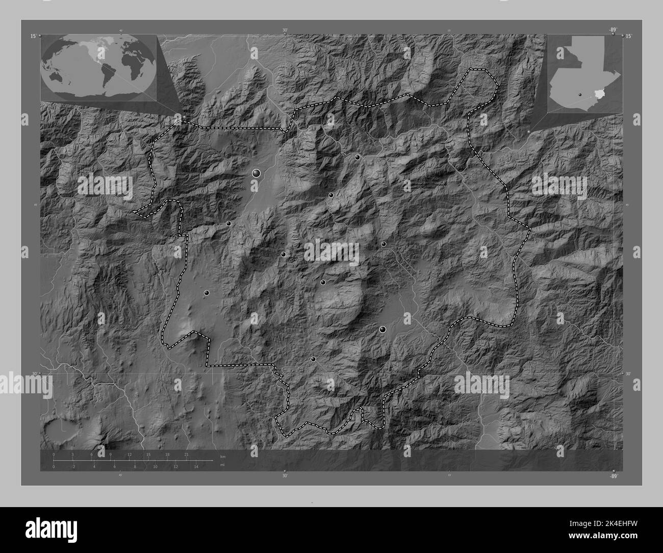 Chiquimula, department of Guatemala. Grayscale elevation map with lakes and rivers. Locations of major cities of the region. Corner auxiliary location Stock Photo