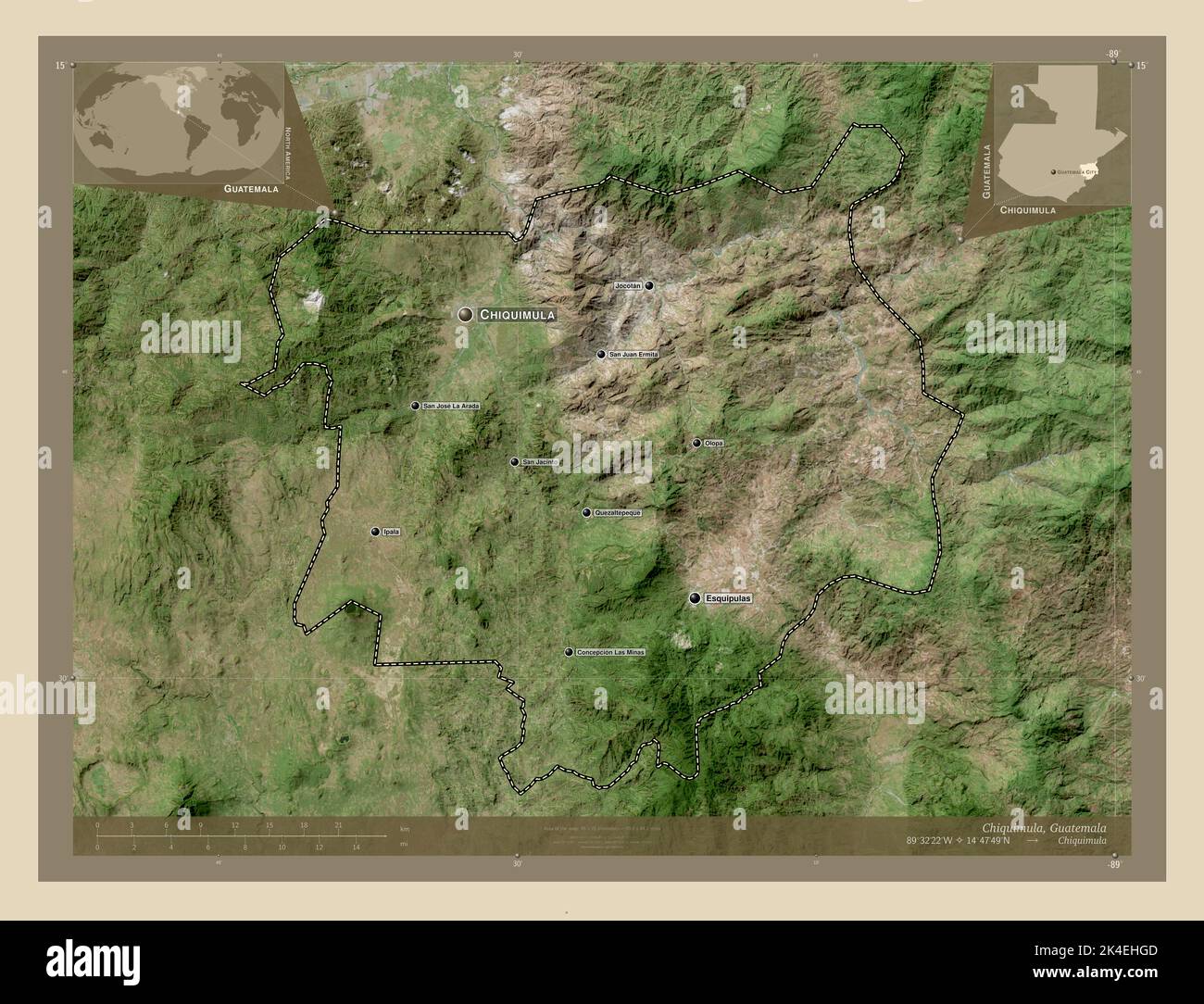 Chiquimula, department of Guatemala. High resolution satellite map. Locations and names of major cities of the region. Corner auxiliary location maps Stock Photo