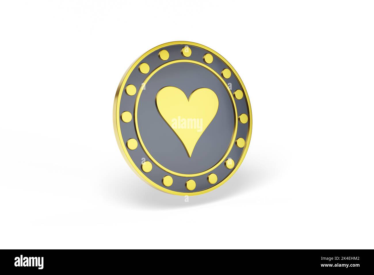 Gold poker chip with the figure of heart isolated on white background. 3d illustration. Stock Photo