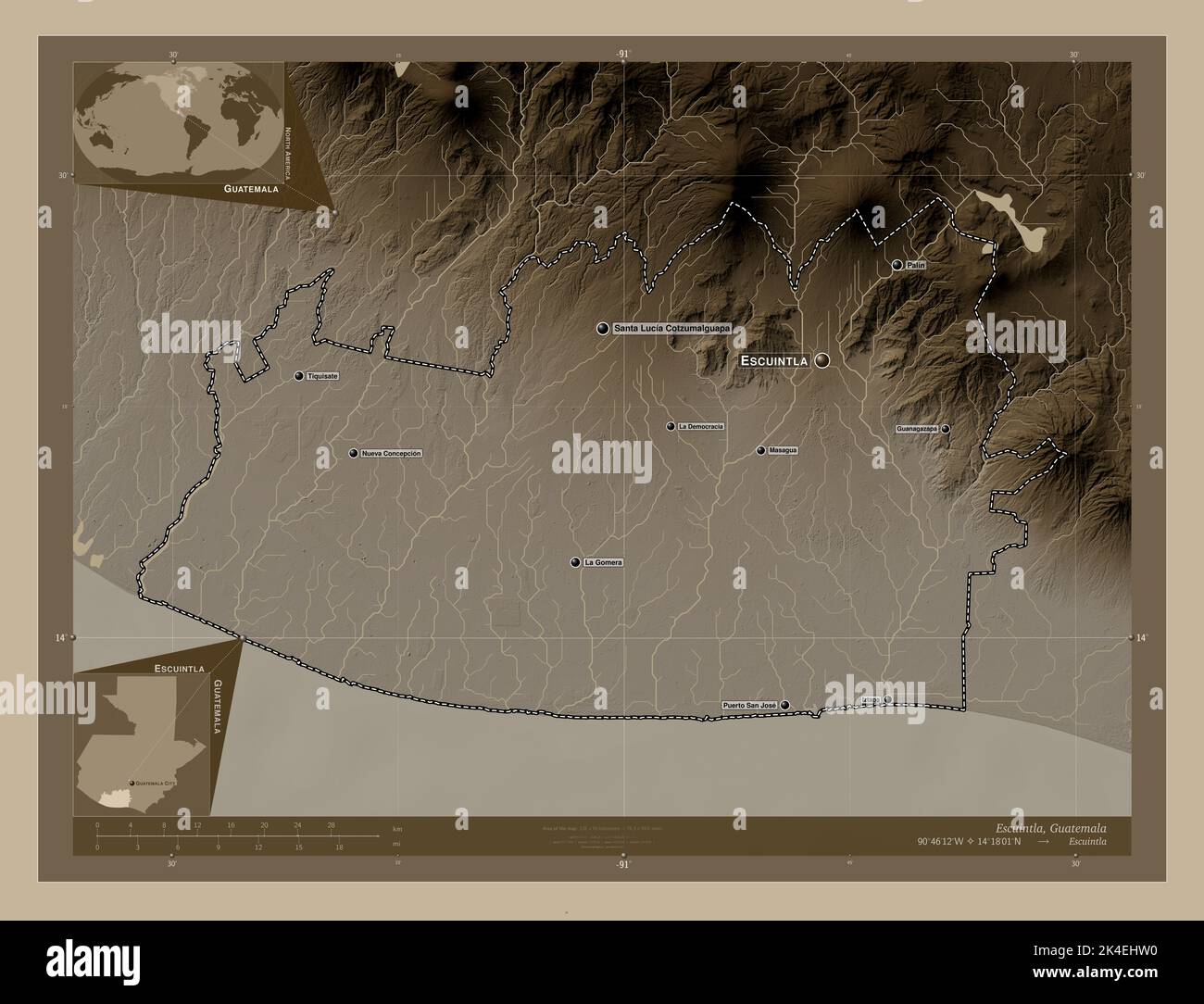 Escuintla, department of Guatemala. Elevation map colored in sepia tones with lakes and rivers. Locations and names of major cities of the region. Cor Stock Photo