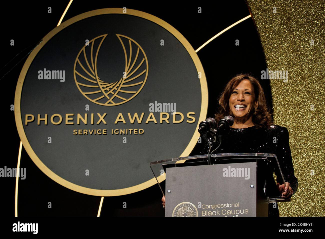 Washington, United States. 01st Oct, 2022. US Vice President Kamala Harris speaks at the Phoenix Awards Dinner in Washington, DC, US, on Saturday, Oct. 1, 2022. The Biden administration this week was accused in a lawsuit by six Republican-led states of overstepping its authority with a plan to forgive federal student loans. Photographer: Samuel Corum/Pool/Sipa USA Credit: Sipa USA/Alamy Live News Stock Photo