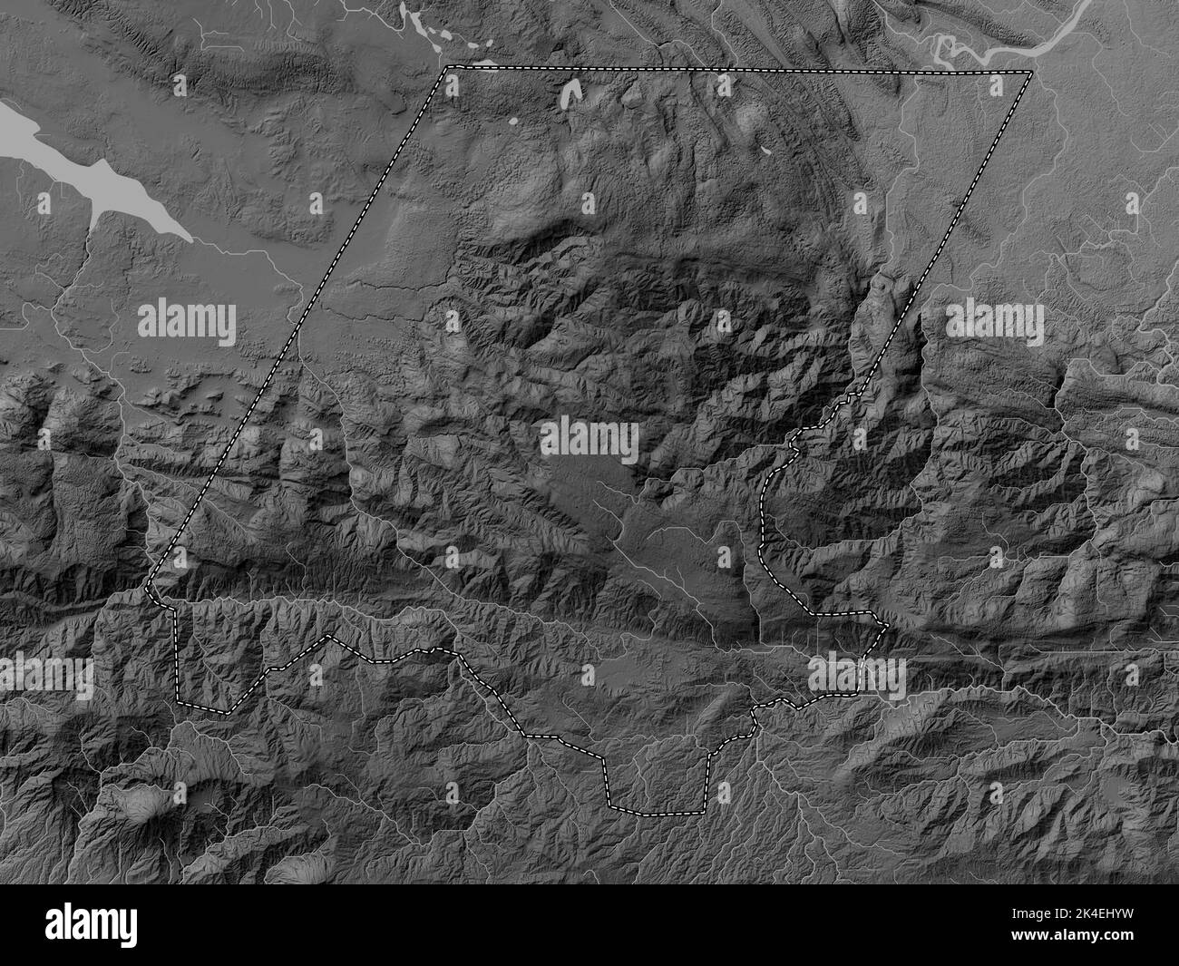 Huehuetenango, department of Guatemala. Grayscale elevation map with lakes and rivers Stock Photo