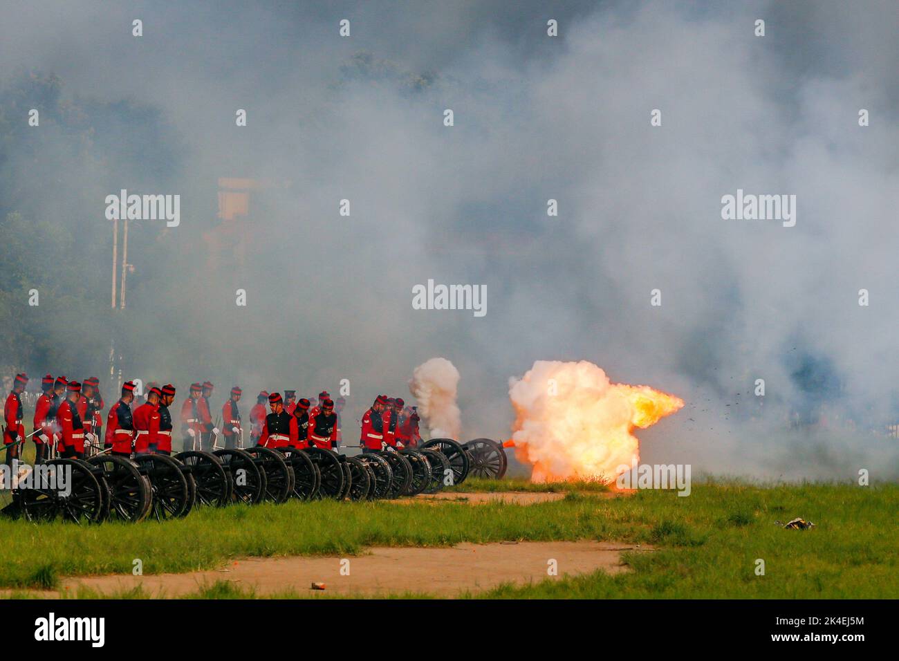 Kathmandu, Nepal. 02nd Oct, 2022. Nepalese Army soldiers fire cannon shots on Fulpati, to honor Goddess Durga observed on the seventh day of the Dashain festival, the biggest religious festival in Kathmandu. (Photo by Skanda Gautam/SOPA Images/Sipa USA) Credit: Sipa USA/Alamy Live News Stock Photo