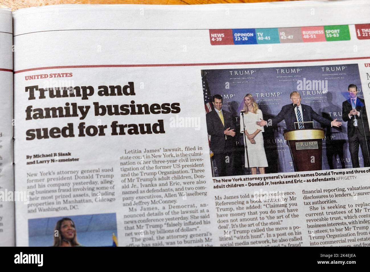 'Trump and family business sued for fraud' Guardian newspaper headline article clipping 24 September 2022 UK Stock Photo