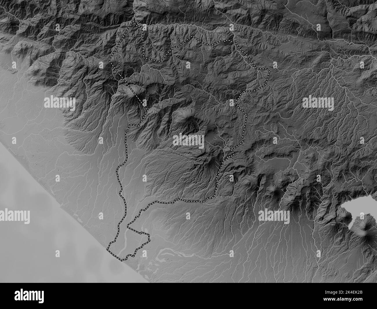 San Marcos, department of Guatemala. Grayscale elevation map with lakes ...