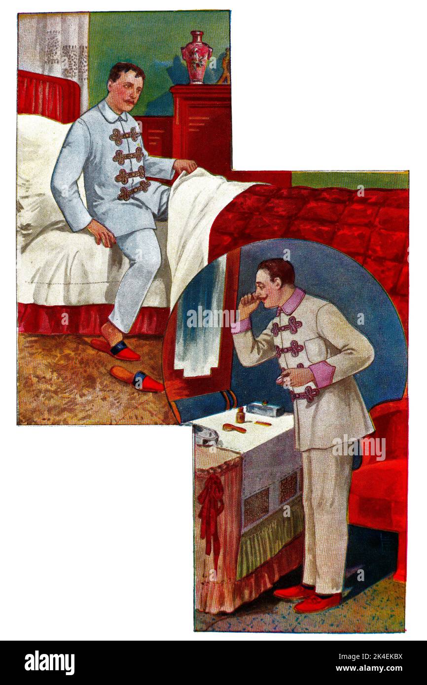 A man in fashion pajamas at the bed and bathroom – 1913 Vintage ...