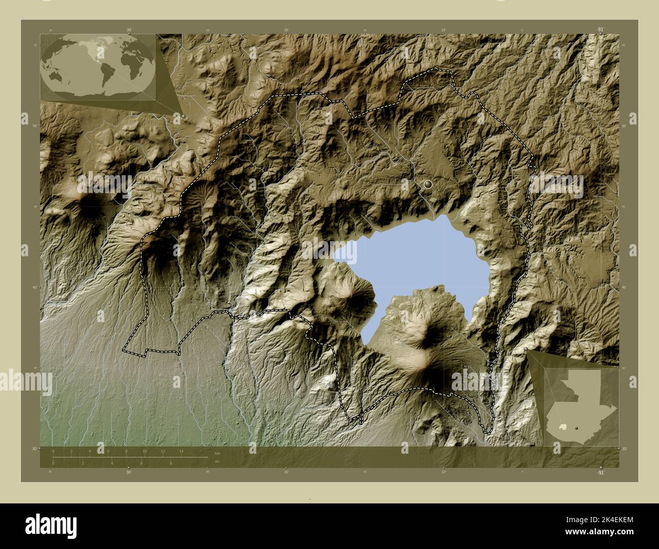 Solola, department of Guatemala. Elevation map colored in wiki style with  lakes and rivers. Corner auxiliary location maps Stock Photo - Alamy