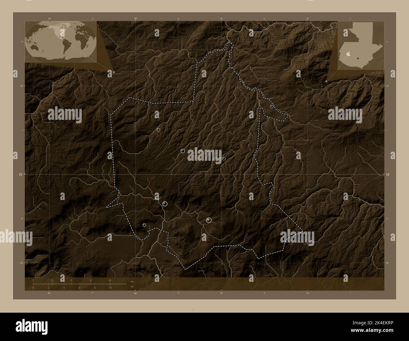 Totonicapan, department of Guatemala. Elevation map colored in sepia tones with lakes and rivers. Locations of major cities of the region. Corner auxi Stock Photo