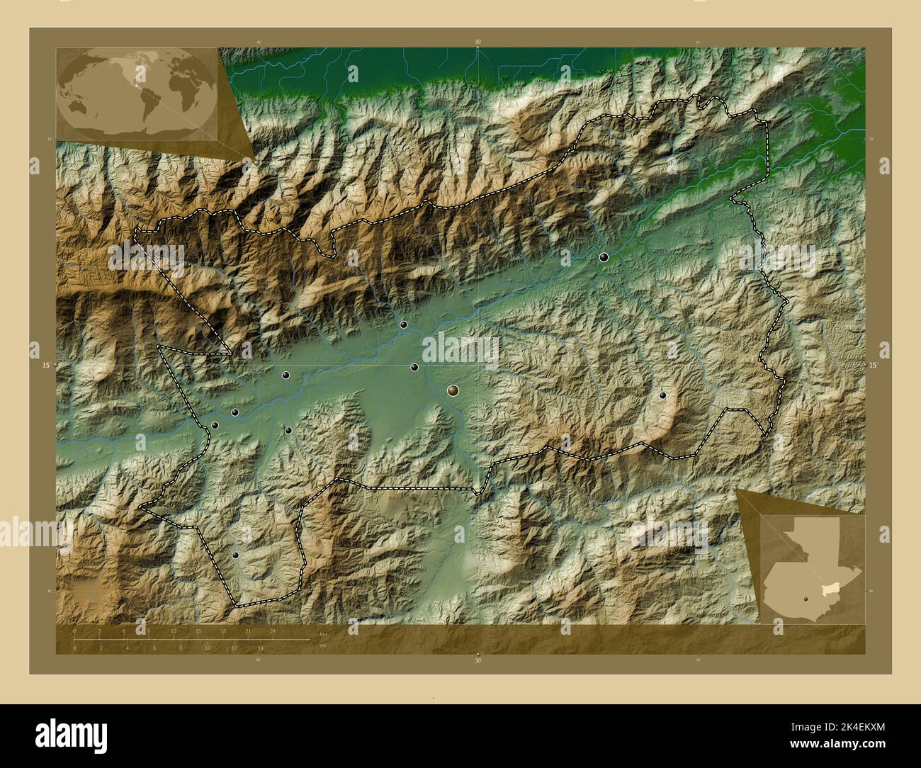 Zacapa, department of Guatemala. Colored elevation map with lakes and  rivers. Locations of major cities of the region. Corner auxiliary location  maps Stock Photo - Alamy