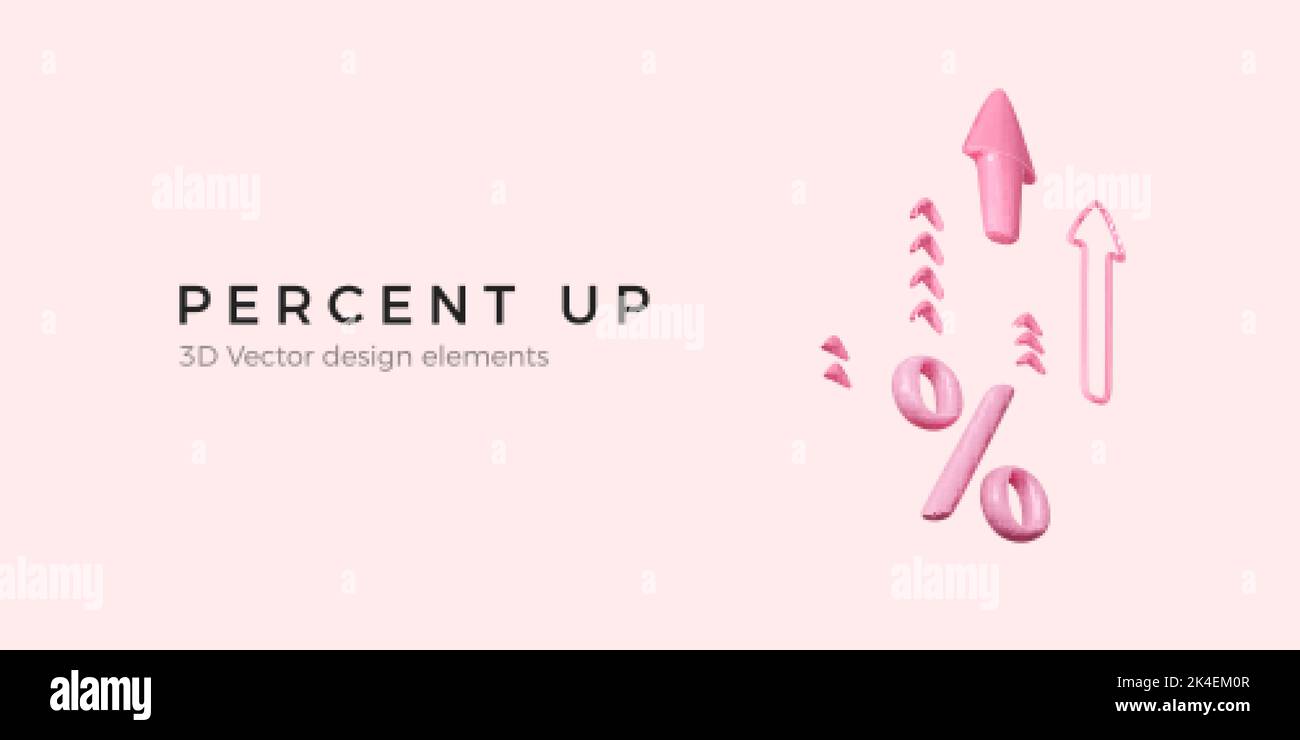 Percent up business banner in pink color. 3D interest rate growth with arrows. Percentage rise