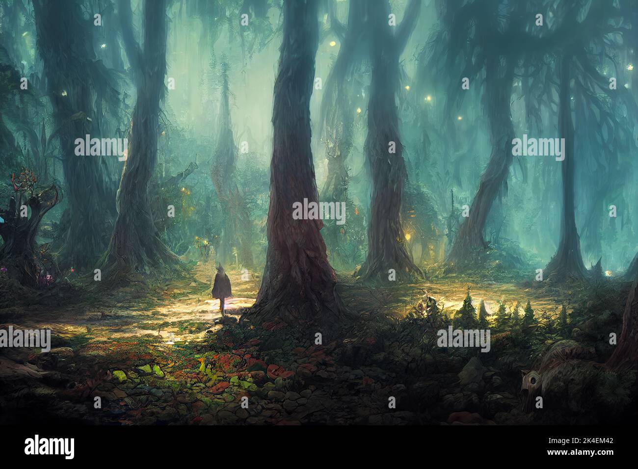 Misty magical forest concept art with fireflies, dark with a mysterious