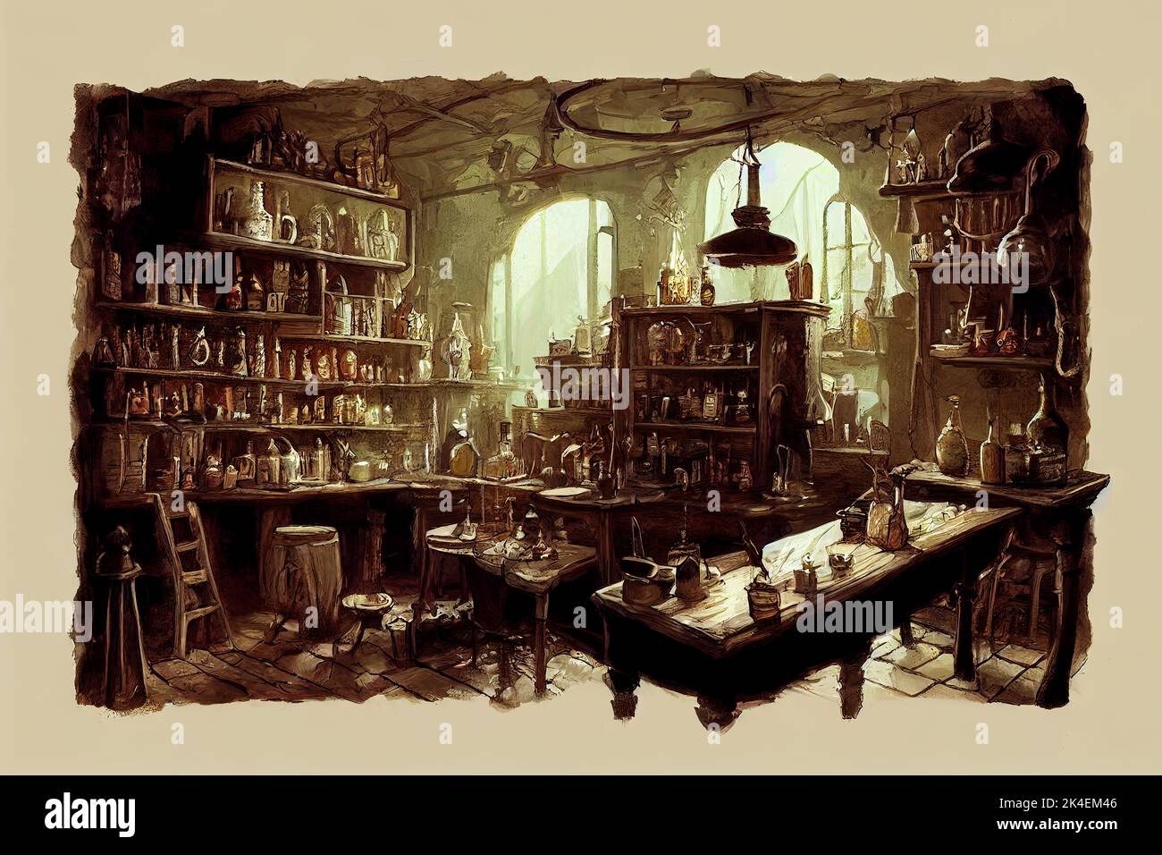 Alchemist workshop digital painting, fantasy wizard, sorcerer lab, dark