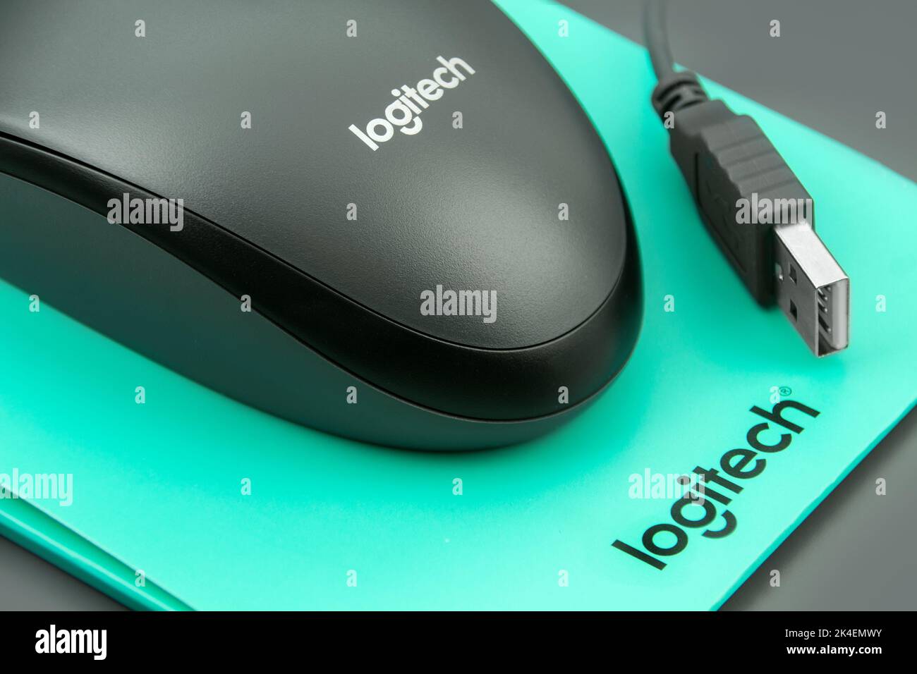 Hamburg, Germany September 25 2022 Logitech USB Maus close up