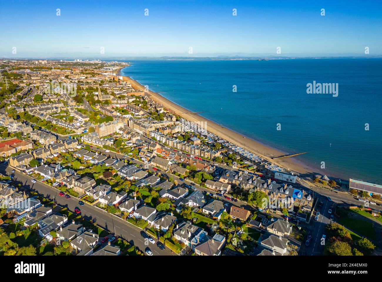Aerial view of seafront and Portobello Beach in Edinburgh, Scotland, UK
