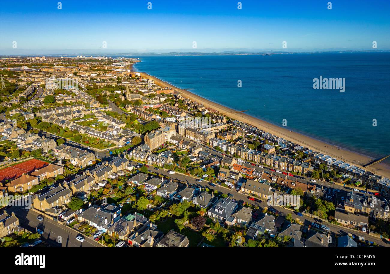 Aerial view of seafront and Portobello Beach in Edinburgh, Scotland, UK