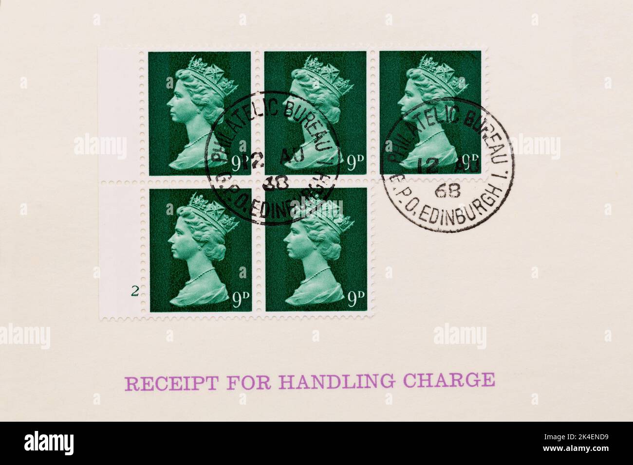 Set of 5 UK postage stamps from 1968. Stuck on a card used to provide a receipt for handling charge. Postmarked Philatelic Bureau Edinburgh GPO. Stock Photo