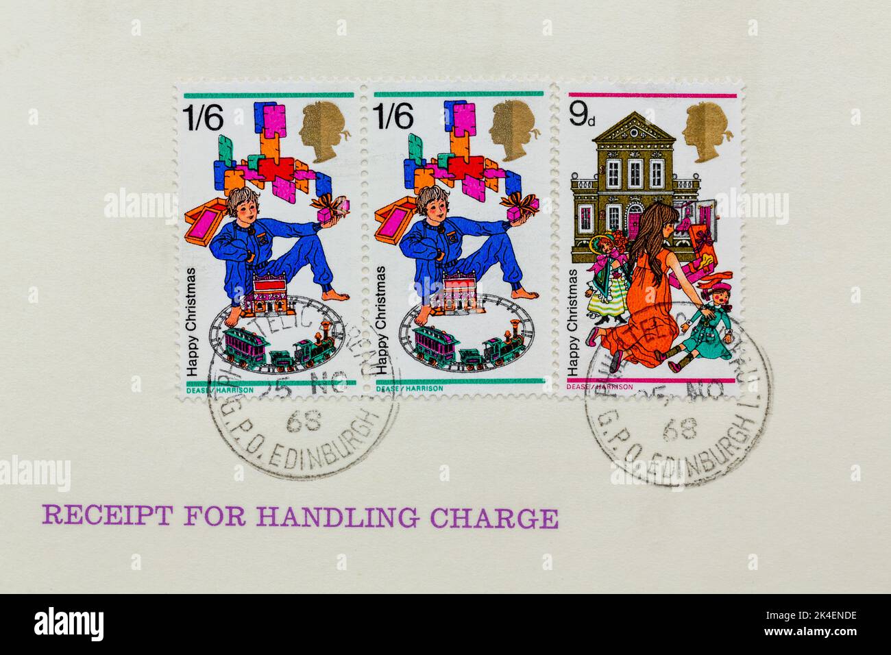 Set of 3 UK postage stamps from 1968. Stuck on a card used to provide a receipt for handling charge. Postmarked Philatelic Bureau Edinburgh GPO. Stock Photo