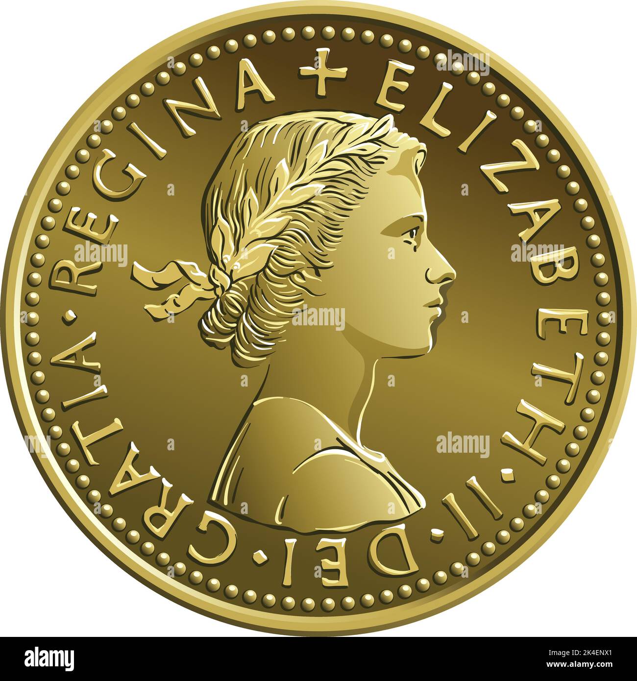 British sixpence money gold coin, Obverse with queen Stock Vector