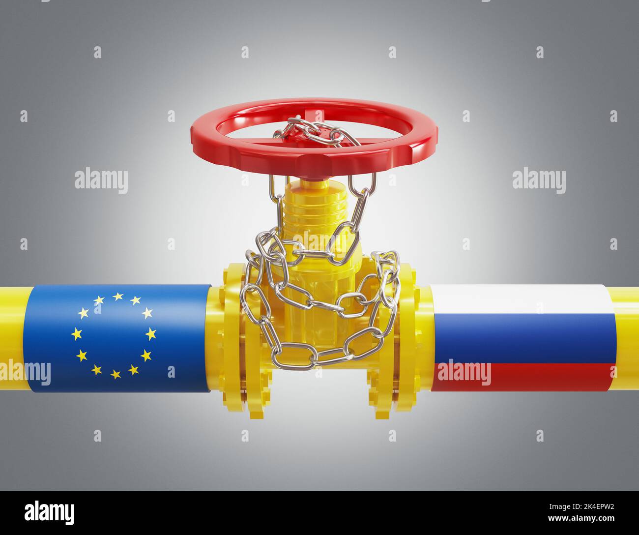 EU Europe and Russia oil and gas sanctions, stand-off and war. Squeezed gas pipe symbolizes the LNG embargo, crisis and upcoming price rises., 3d illu Stock Photo