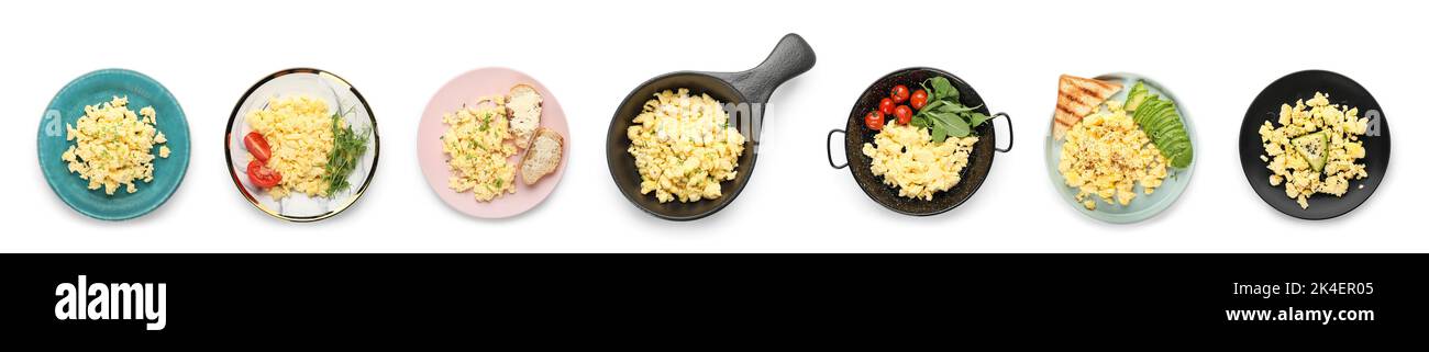 Collage of tasty scrambled eggs on white background Stock Photo - Alamy