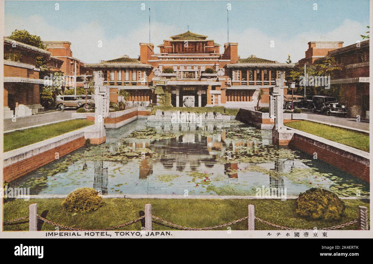 Imperial Hotel Tokyo Japan, Designed by Frank Lloyd Wright (1867-1959) .  From old postcard of 1930s -1940s (Taisho period to early Showa period) Stock Photo
