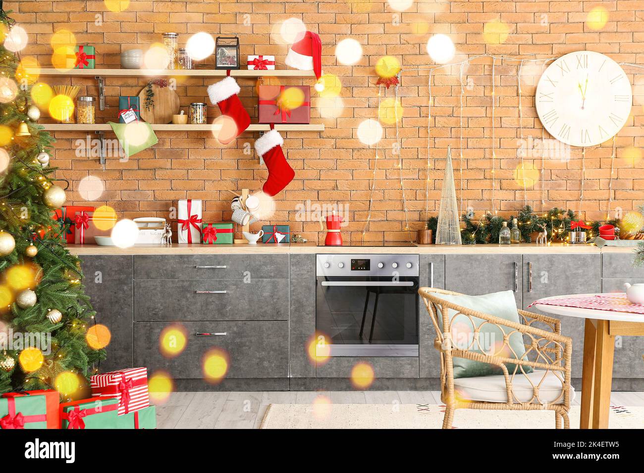 Interior of modern kitchen with Christmas decor Stock Photo - Alamy