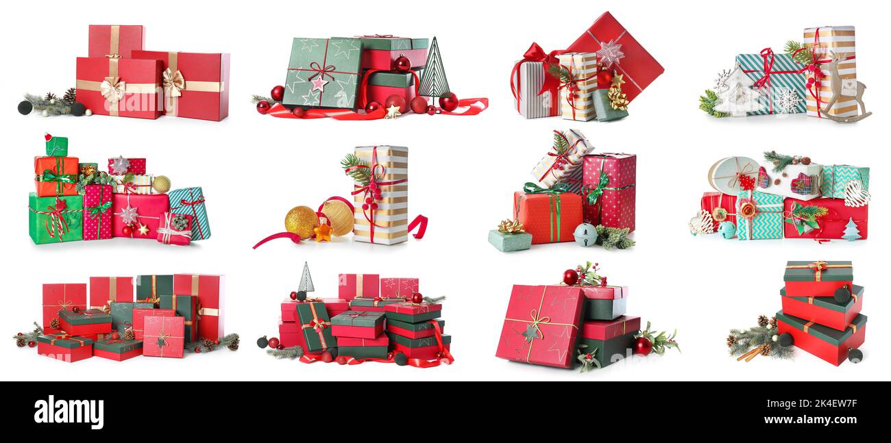 Set of many Christmas gift boxes on white background Stock Photo - Alamy