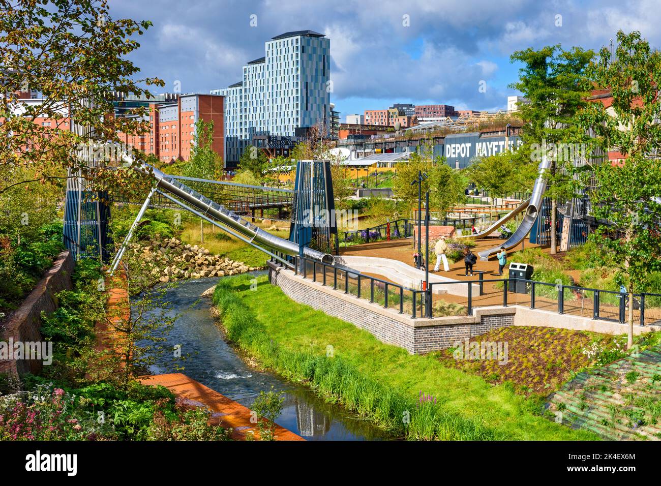 Childrens slide in Mayfield Park, based around the river Medlock