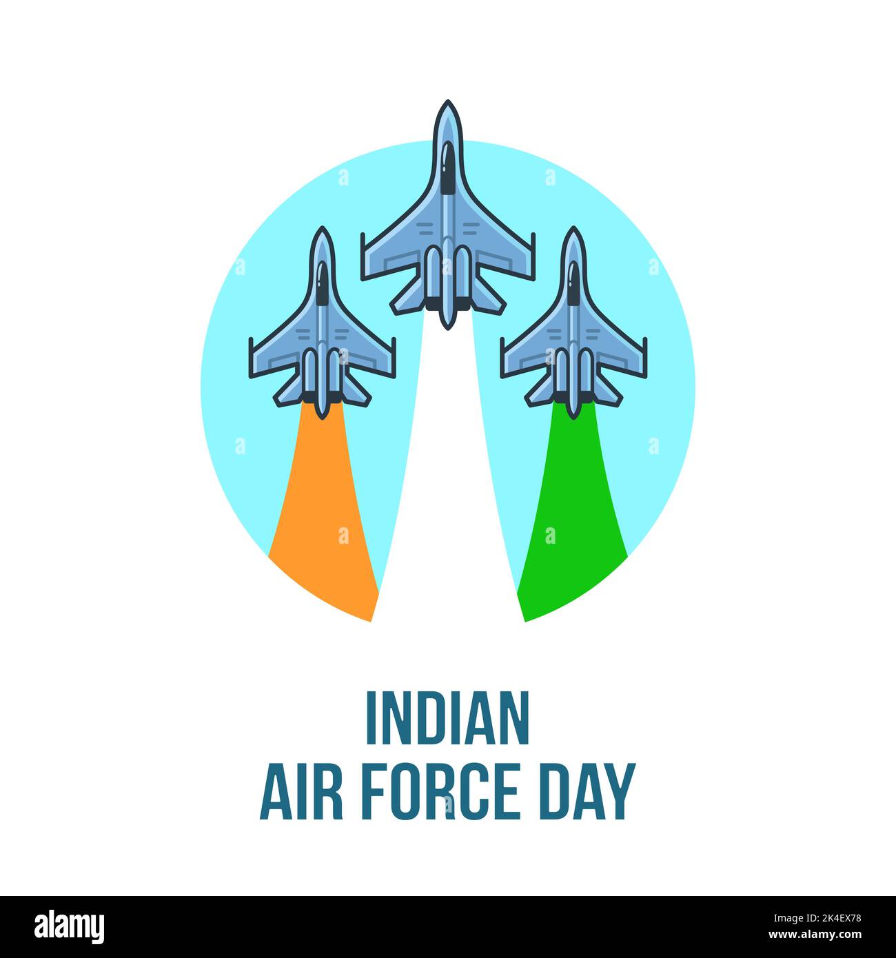 Indian Air Force Day celebration design. Three fighter jets with trails in Indian flag colors. Flat line icon, vector illustration. Stock Vector
