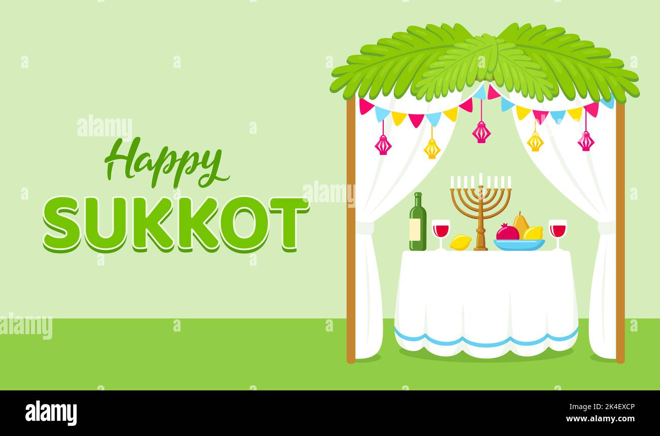 Happy Sukkot, Jewish holiday celebration. Traditional Sukkah hut with decorations and table with food. Cute cartoon design, vector illustration. Stock Vector