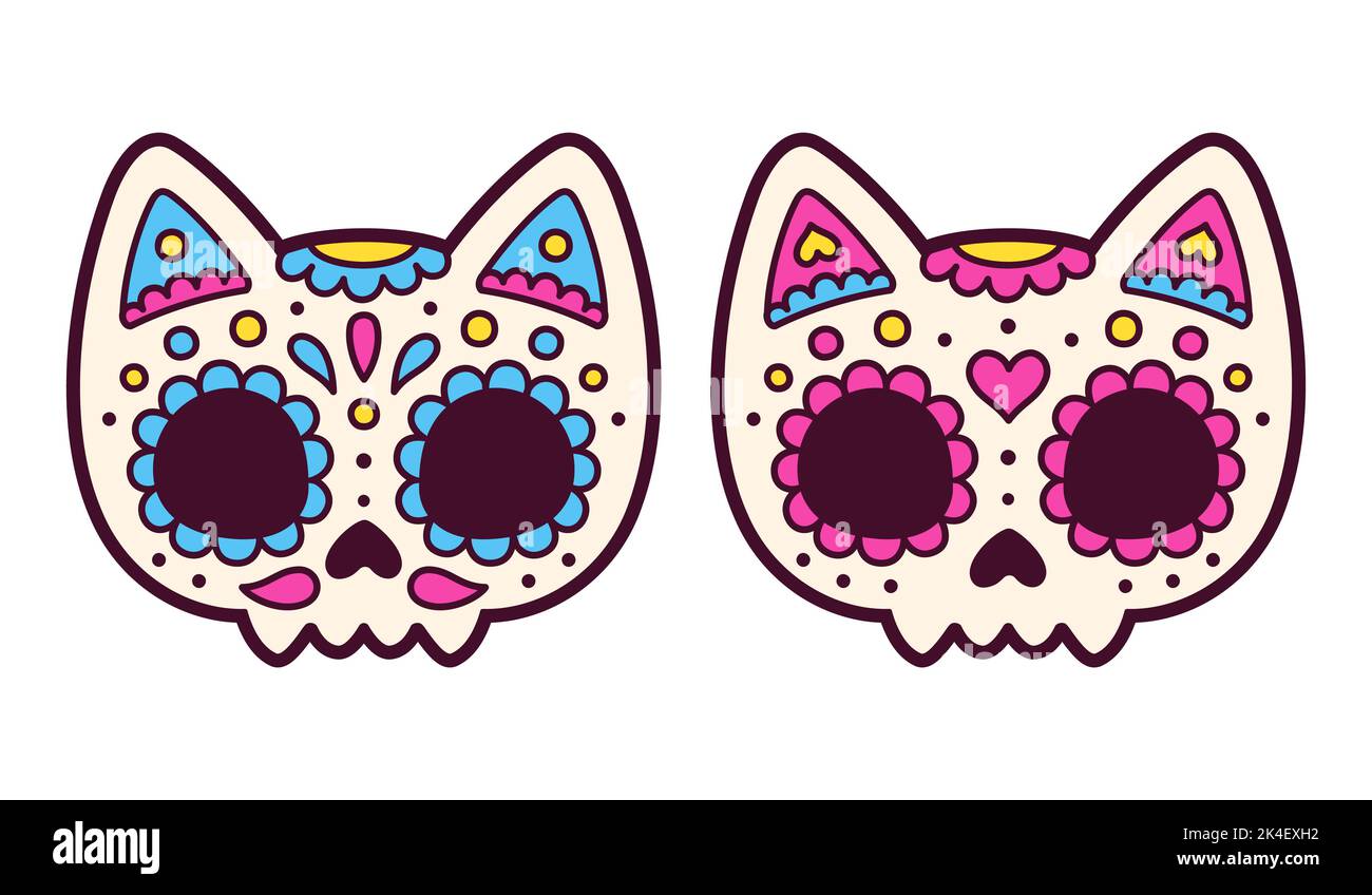 Two cute cartoon Mexican painted cat skulls, male and female. Dia de los Muertos (Day of the Dead) drawing, vector illustration. Stock Vector