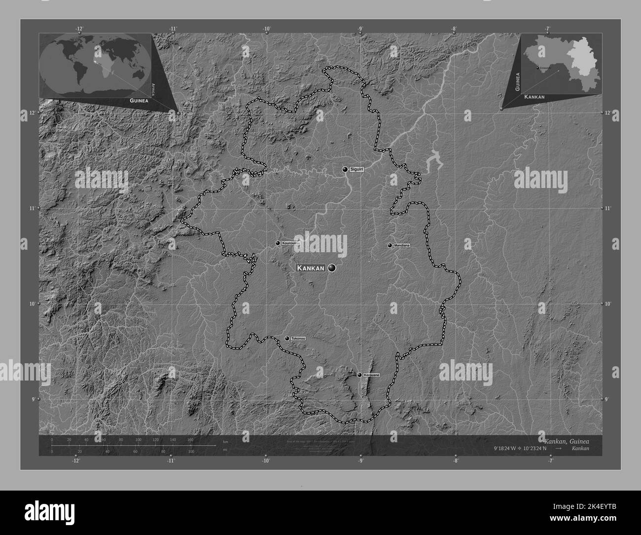 Kankan, region of Guinea. Bilevel elevation map with lakes and rivers ...