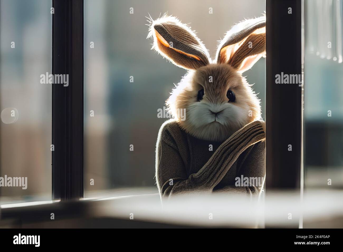 A 3D render of a cute rabbit in a sweater looking out the window Stock ...