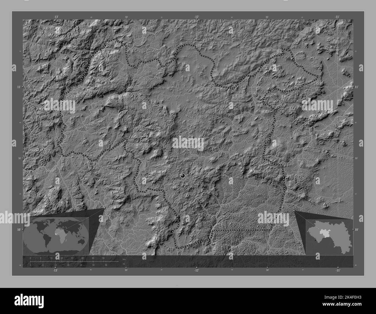 Mamou, region of Guinea. Bilevel elevation map with lakes and rivers
