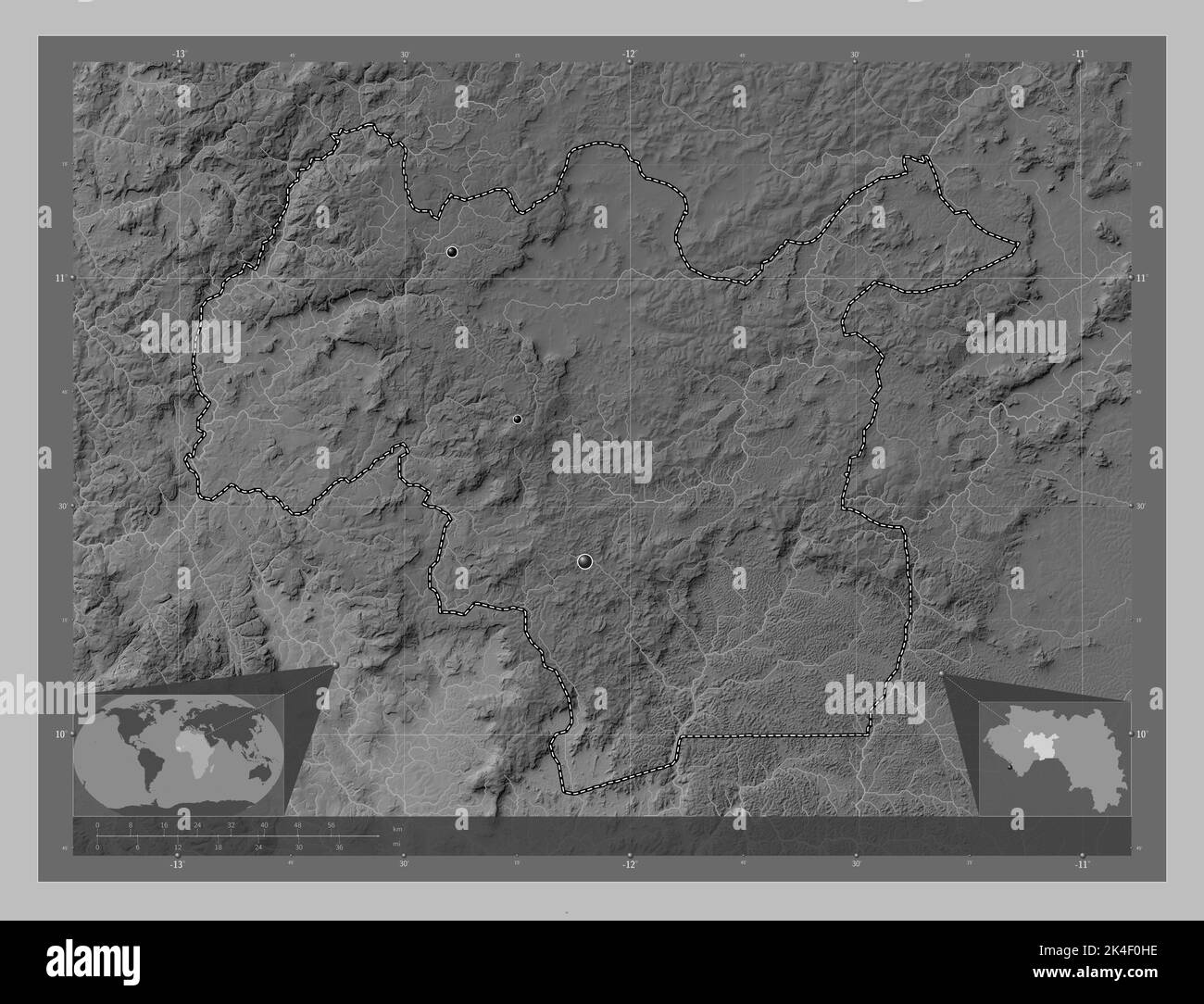 Mamou, region of Guinea. Grayscale elevation map with lakes and rivers