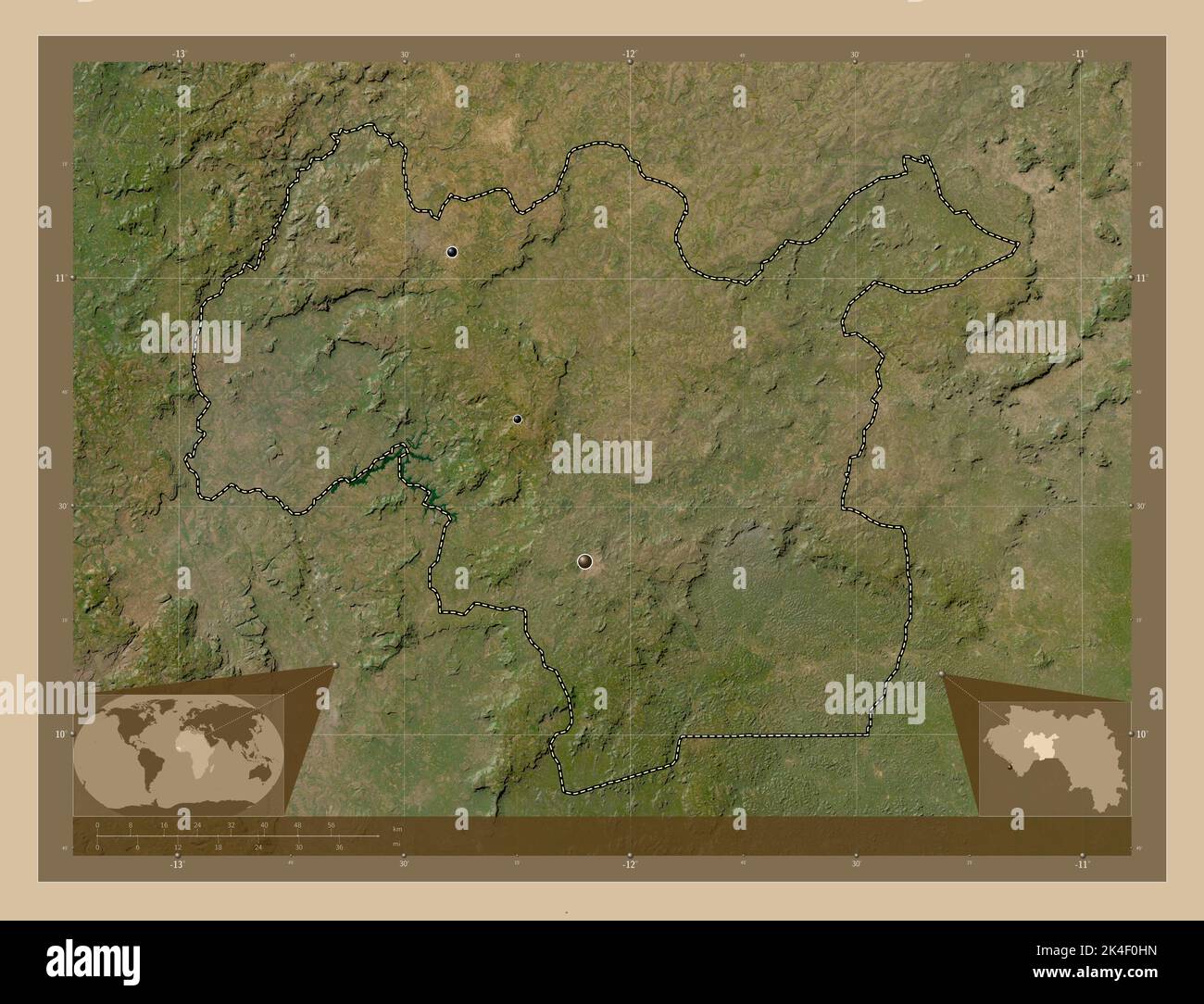 Mamou, region of Guinea. Low resolution satellite map. Locations of