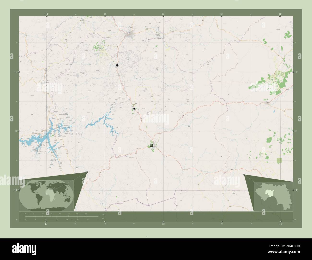 Mamou, region of Guinea. Open Street Map. Locations of major cities of