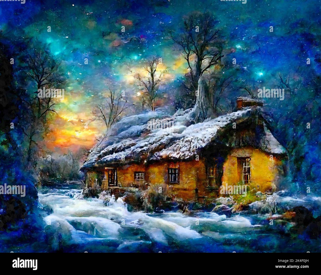 Fantasy cottage in winter snow landscape with northern lights on sky Stock Photo