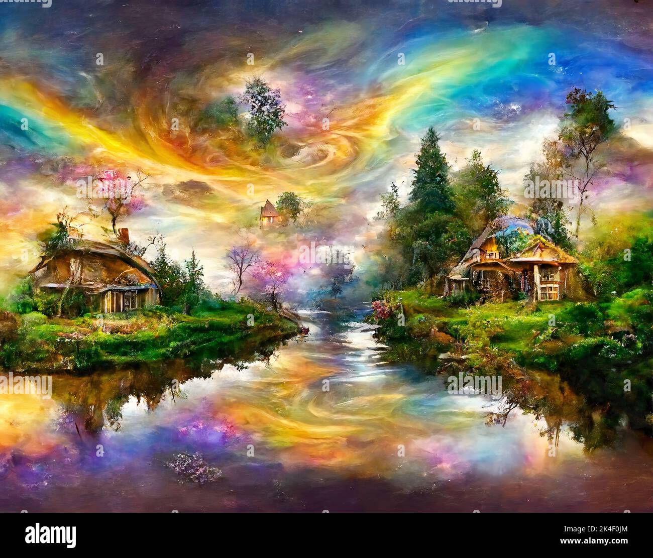 Fantasy cottage in autumn landscape with colorfull leave and fog. Stock Photo