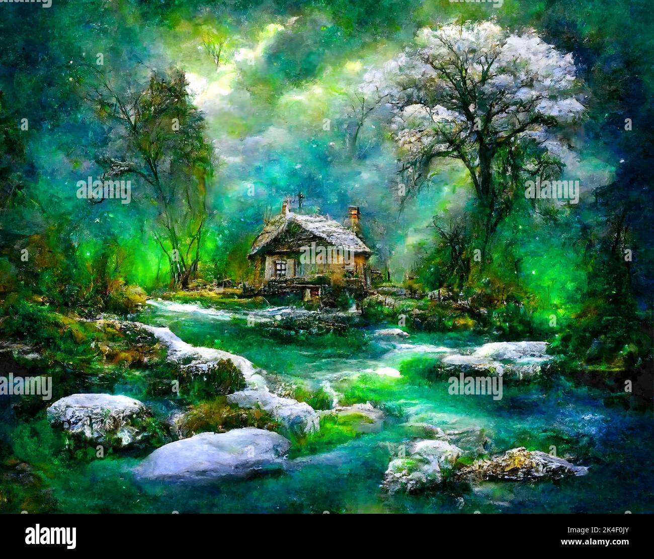 Fantasy cottage in springtime landscape with blossom flower Stock Photo