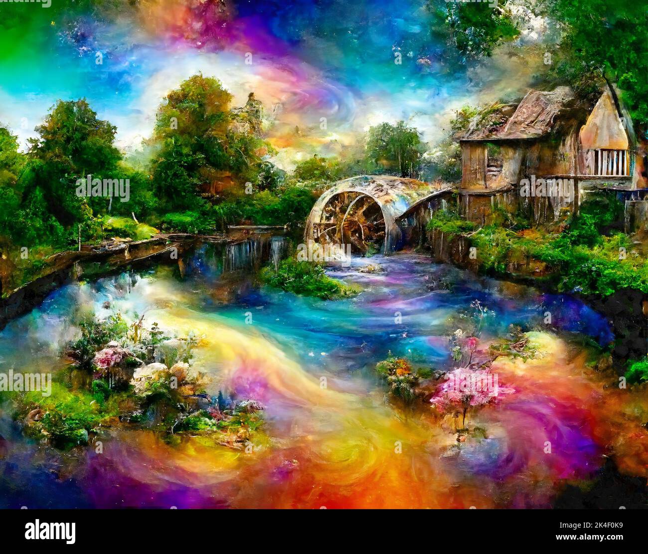 Fantasy cottage in summertime landscape with rainbow and butterflies. Art. Stock Photo