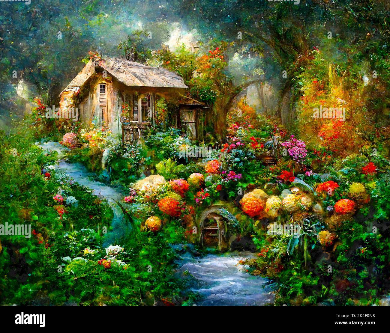 Fantasy cottage in summertime landscape with rainbow and butterflies. Art. Stock Photo