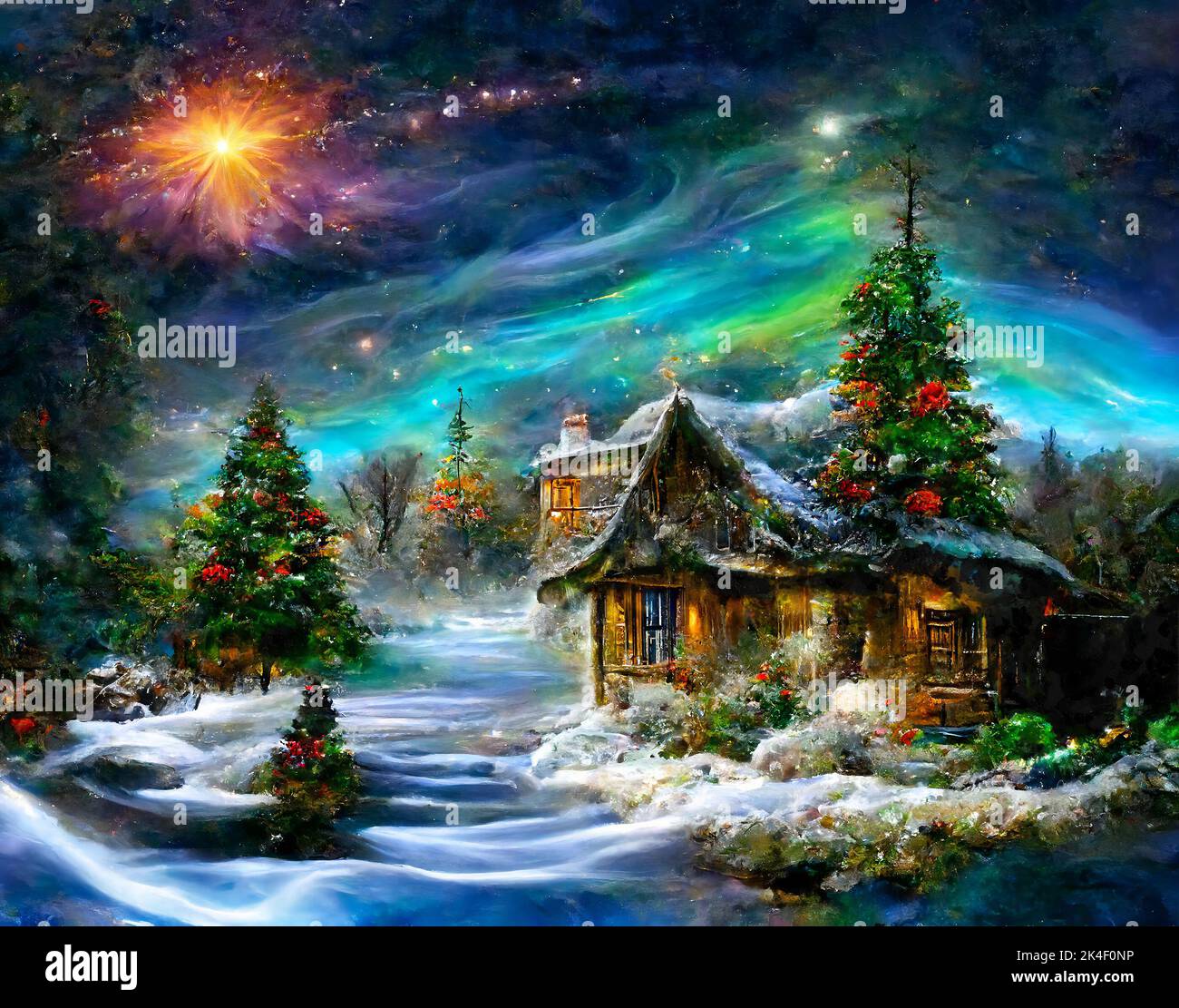 Fantasy cottage in winter snow landscape with northern lights on sky Stock Photo