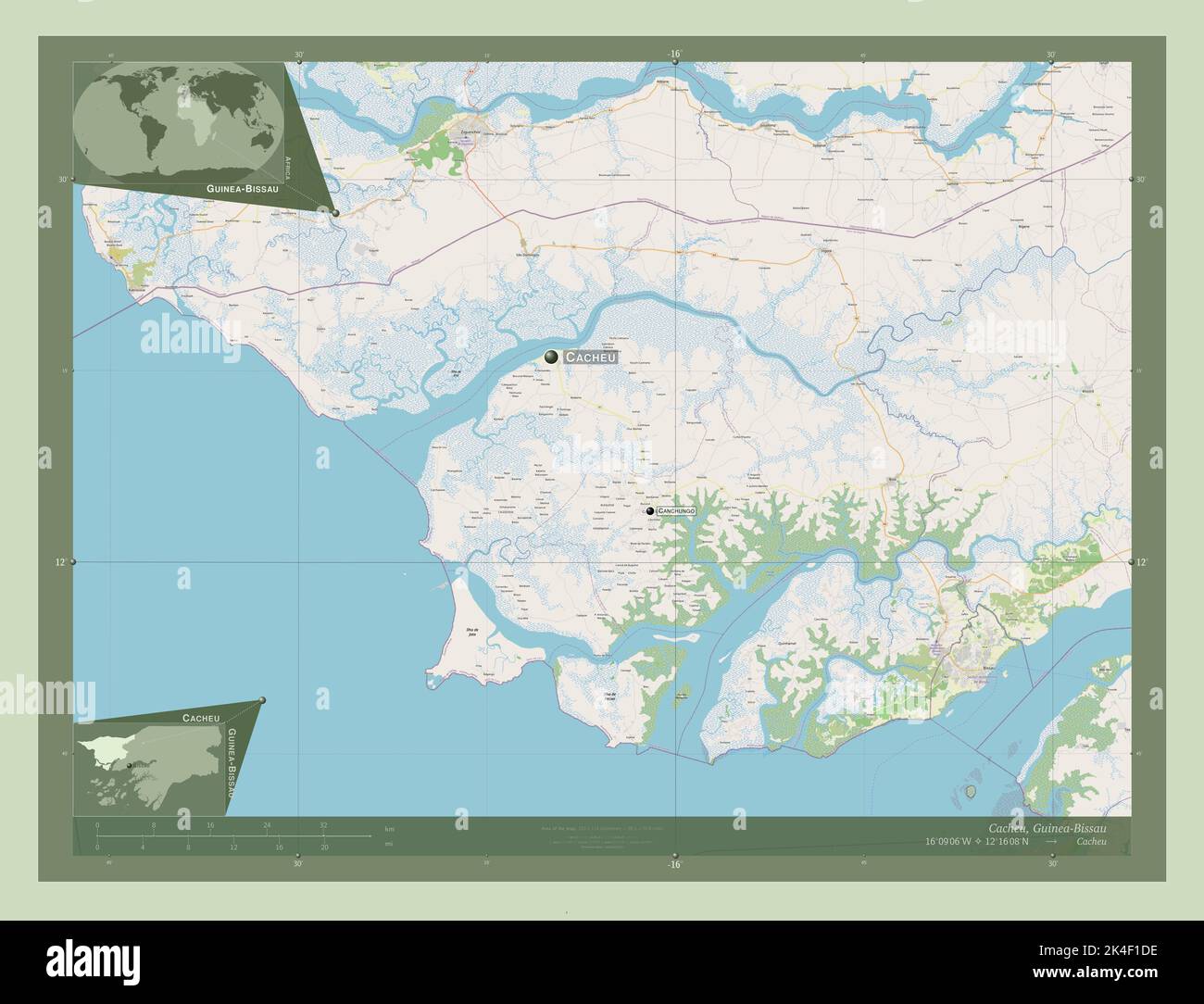 Cacheu, region of Guinea-Bissau. Open Street Map. Locations and names ...