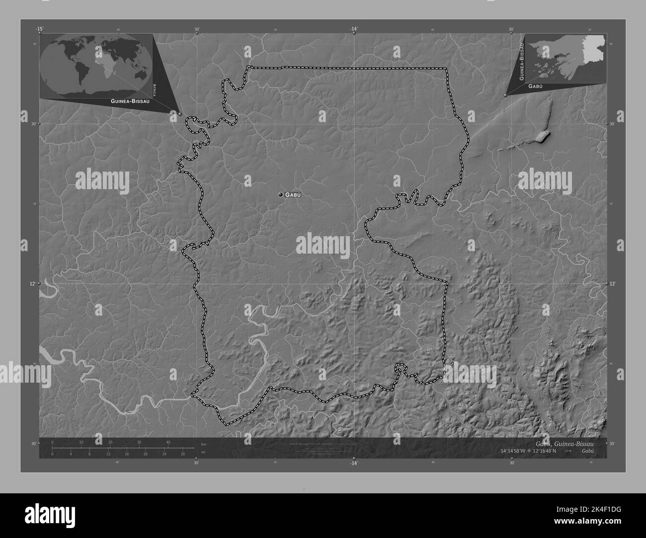 Gabu, region of Guinea-Bissau. Bilevel elevation map with lakes and