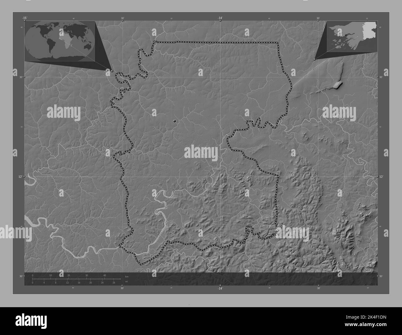 Gabu, region of Guinea-Bissau. Bilevel elevation map with lakes and ...