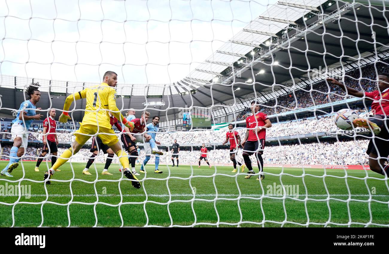 Manchester, UK. 2nd Oct, 2022. Tyrell Malacia of Manchester United fails to stop the ball crossing the line for City's second goal during the Premier League match at the Etihad Stadium, Manchester. Picture credit should read: Andrew Yates/Sportimage Credit: Sportimage/Alamy Live News Stock Photo