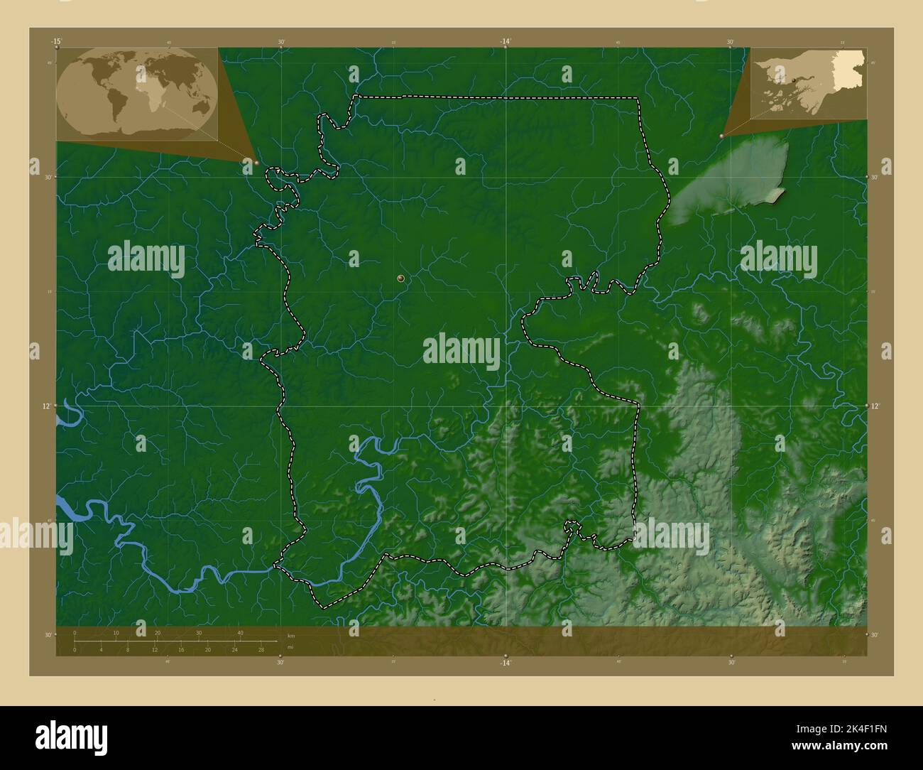 Gabu, region of Guinea-Bissau. Colored elevation map with lakes and